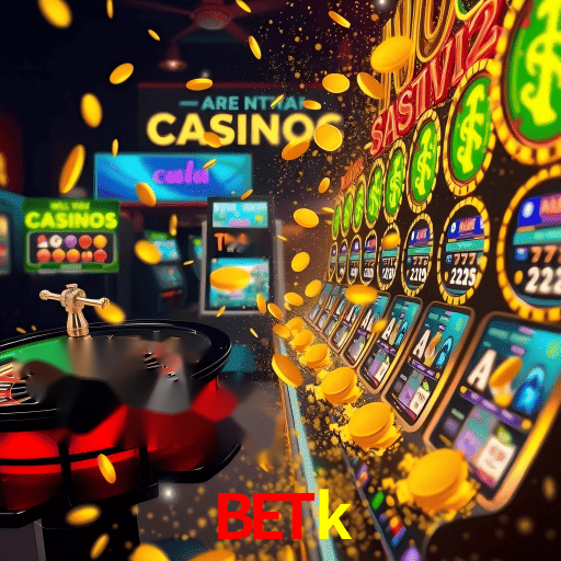 Escena dinámica inspirada en casino con iluminación Betk, cartas, fichas e íconos de juegos digitales en un espacio moderno de juegos.