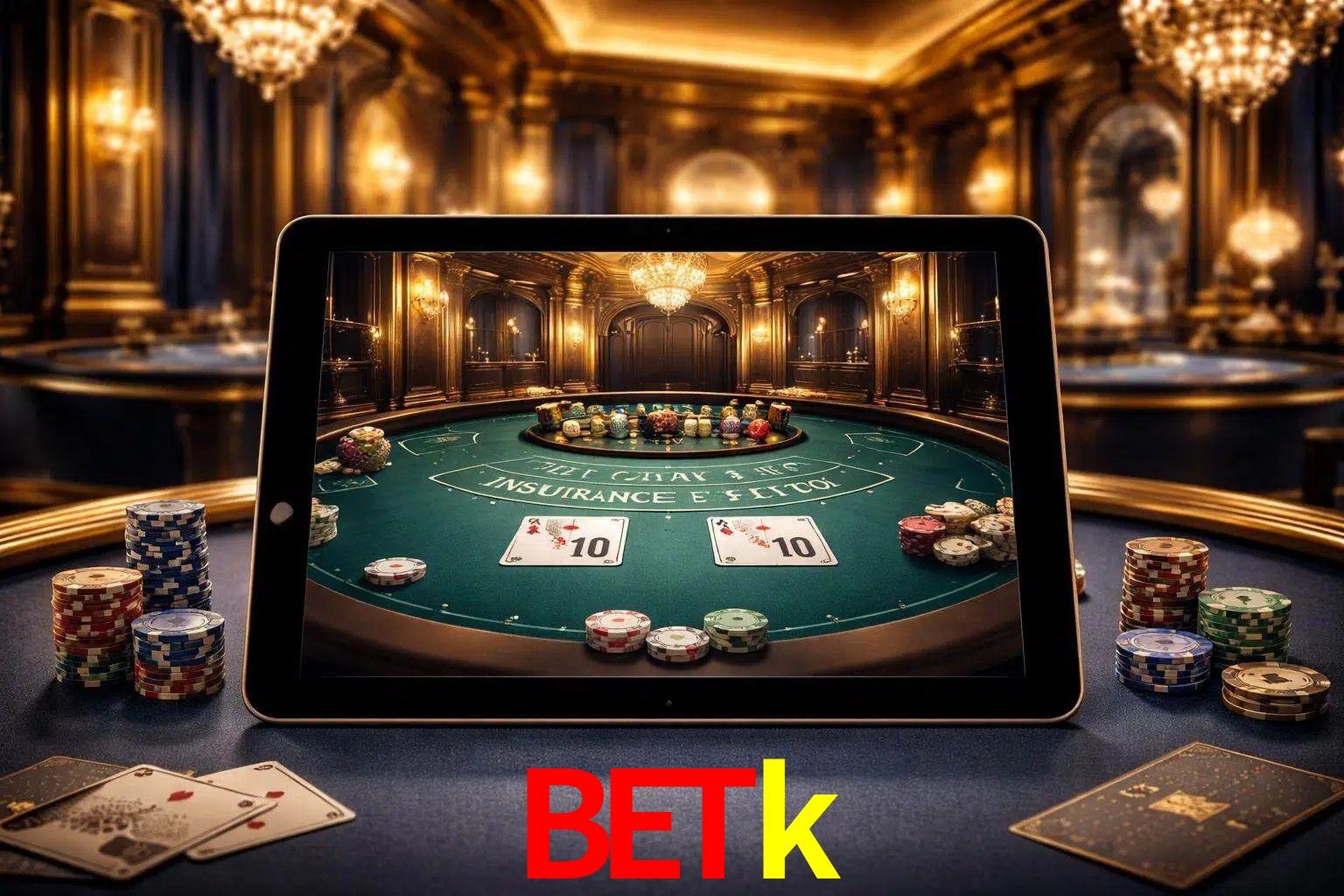 Configuración moderna de casino en vivo con una tableta mostrando una mesa de blackjack, luces cálidas de estudio y una atmósfera elegante de juegos digitales.