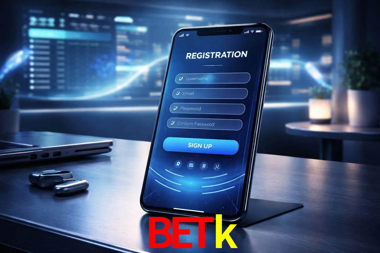 Una interfaz moderna de registro móvil para Betk mostrada en un smartphone con un panel de apuestas elegante.